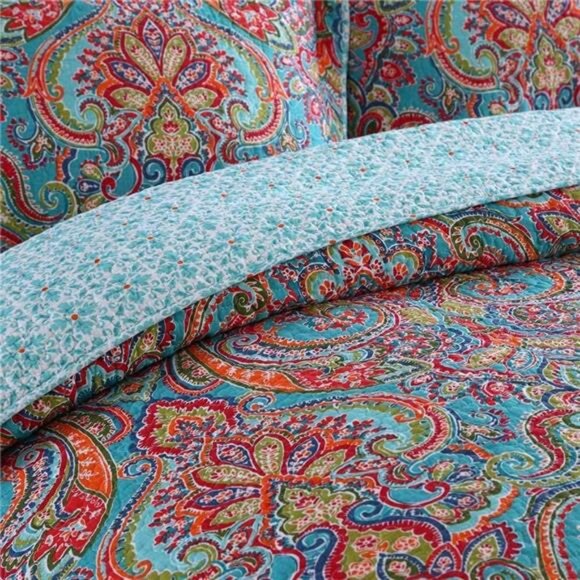 Cotton Bedspread Quilt Sets-Reversible Patchwork Coverlet Set, European - Picture 3 of 7